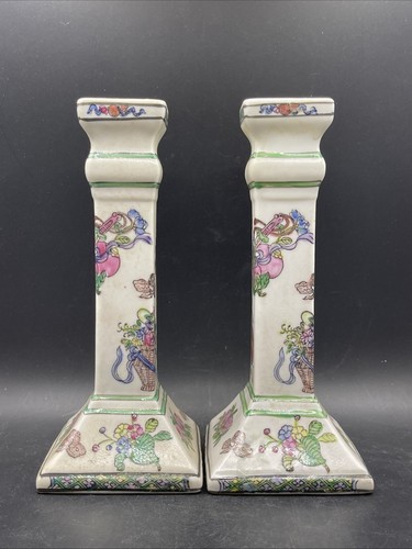 Pair of Porcelain Chinoiserie Oriental Macau Floral Candlestick Holders