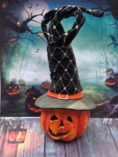 LIGHTED LED HALLOWEEN PUMPKIN WITH WITCH HAT FIGURINE DECOR 11"T