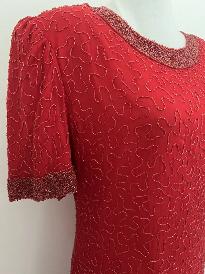 Laurence Kazar Vintage 80's Sz PM Silk Short Sleeve Dress Gatsby Red Beaded - Image 3 of 4
