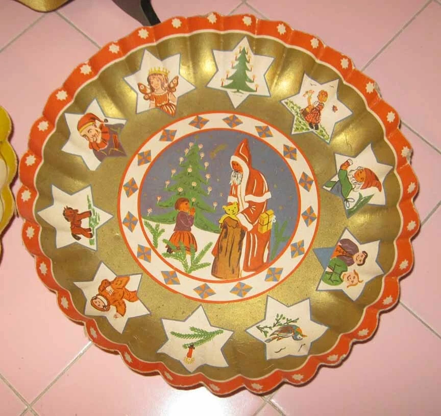 3 cuencos de papel vintage años 50 60 Navidad árbol Alemania Santa Elfos juguetes  Foto 2 de 4