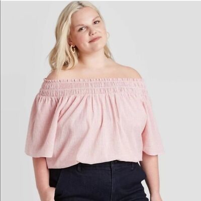 A New Day Blouse Short Sleeve Red Pink Striped Smocked Off the