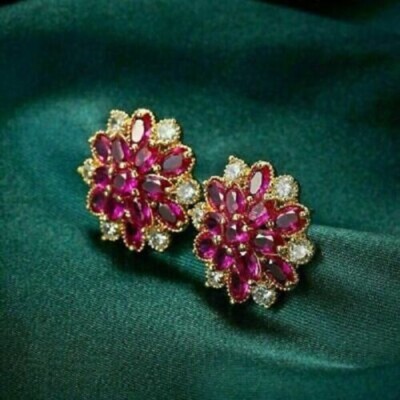 3Ct Lab Created Ruby Cluster Flower Women's Stud Earring 14K Yellow Gold Finish
