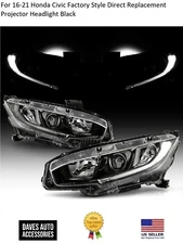 For 16-21 Honda Civic Factory Style Direct Replacement Projector Headlight Black