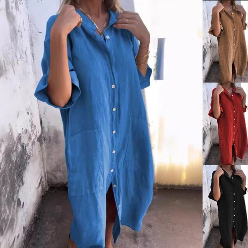 Maxi-Hemdkleid Für Damen Sommer Kaftan Lässig Lange Oberteile Lockere Hemden : - Picture 6 of 27