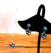 Vtg. Wheeler Mfg. Co Turquoise Sterling Silver Heart Necklace & Earrings Set