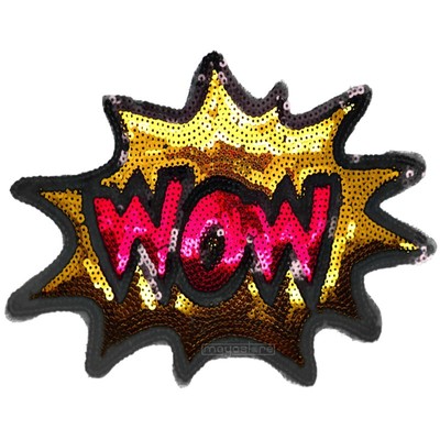 XL 27CM x 17CM PATCH AUFNÄHER WOW SPRECHBLASE COMIC PAILLETTEN AUFBÜGLER GLITZER