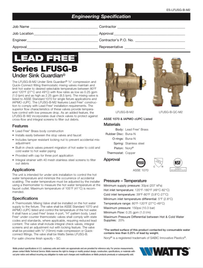 3/8” WATTS LFUSG-B M2 Brass Thermostatic Mixing Valve ASSE 1070 