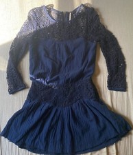 FREE PEOPLE Lace Navy Mini 3/4 Sleeve Dress Tunic size 2