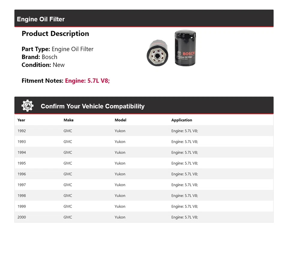 Масляный фильтр премиум-класса для 1992-2000 GMC Yukon 5,7 л V8 Bosch 1993 1994 1995 1996 - Изображение 2 из 3