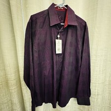 Bugatchi Men's Check Plum Cotton Button Up Shirt Large Shaped Fit NWT MSRP 149