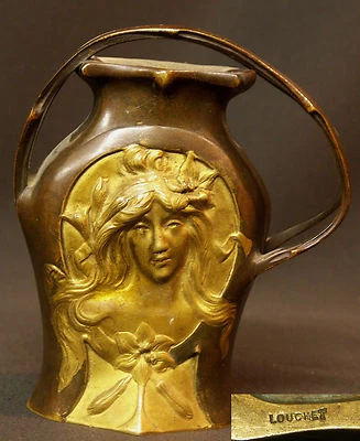 AA 1900 très rare vase bronze Art nouveau signé LOUCHET 13cm770g visage fleur - Photo 1/4