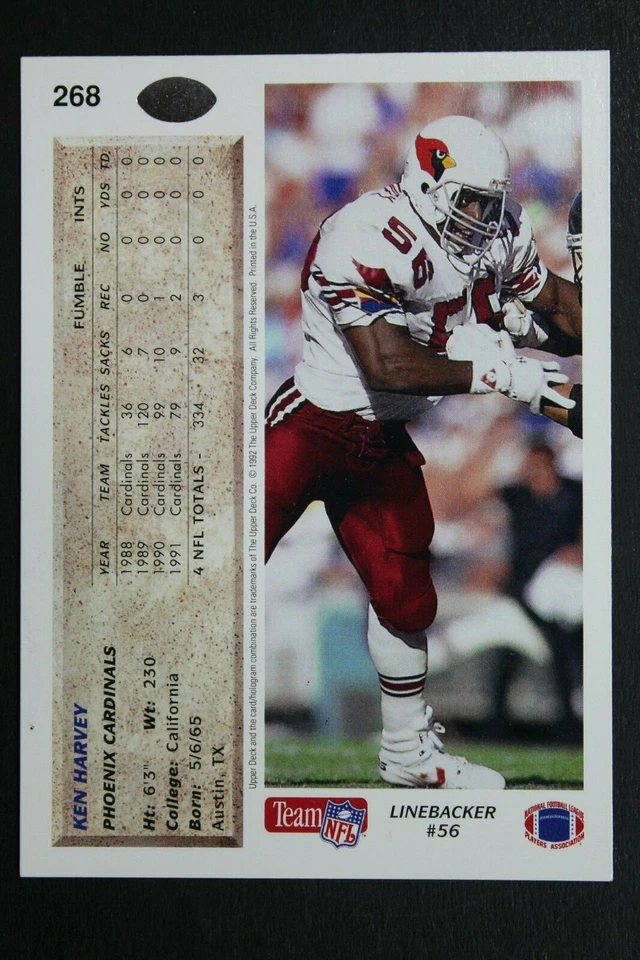 Ken Harvey Cardinals Cal Autographed 1992 Upper Deck #268 Signed Football Card  - Image 3 of 3