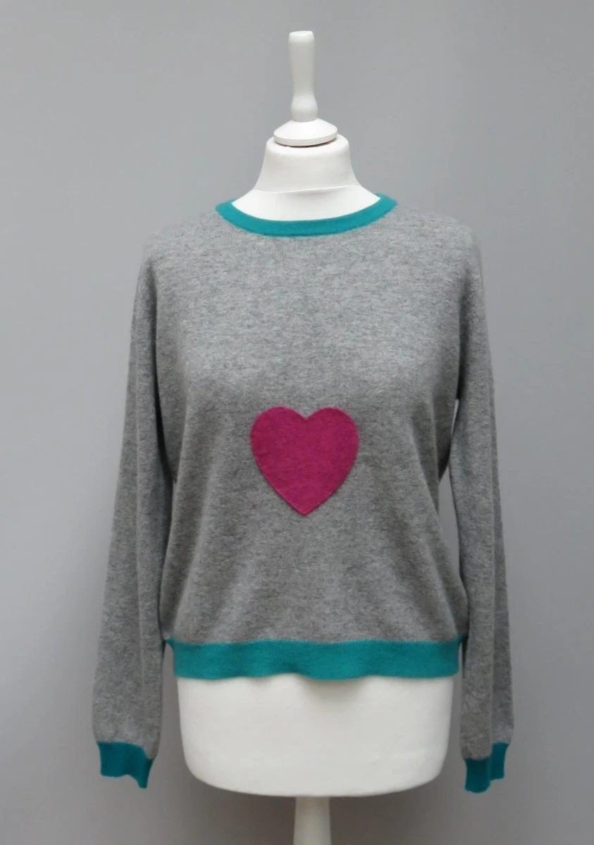 Clements Ribeiro 100 Cashmere Grey Blue Crew Neck Heart Jumper UK 16