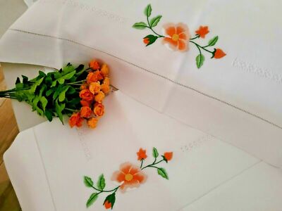 Pure Linen Sheet 100% Embroidered Full Dot and Hand Lily Sheet Linen
