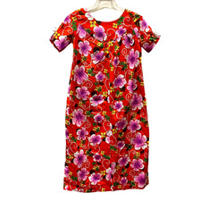 S Vtg Maxi Dress 1960 HAWAII MOD Hawaiian Polynesian Island Floral Pink Orange