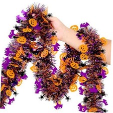 Halloween Garland Decorations,50Ft Glitter Tinsel Pumpkin Bats Spider Purple