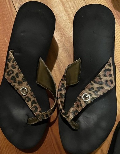 Guess DAMEN-FLIP-FLOPS SCHWARZ KEILABSATZ Plateau SANDALEN Glitzer Leopard Größe 6,5 - Bild 3 von 9