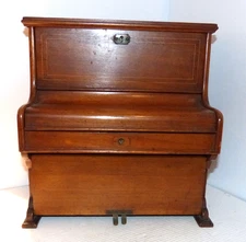 Antique Miniature Upright Piano Box Solid Mahogany Tea Caddy ? Jewelry Box ?