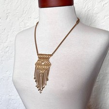 5276 Stella &amp; Dot Gold Alila Lace Art Deco Tassle Fringe Statement Necklace 30"