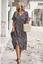 Boho Floral Ruffle Hem V Neck Short Sleeve Dress