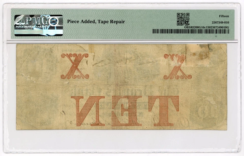 1864 $10 The Peoples Bank - North Providence, RHODE ISLAND Note PMG Fine 15 - Image 2 of 2