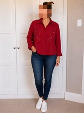 Red Bon Marche Blouse Embroidered Shirt Long Sleeve Size 16 Vintage