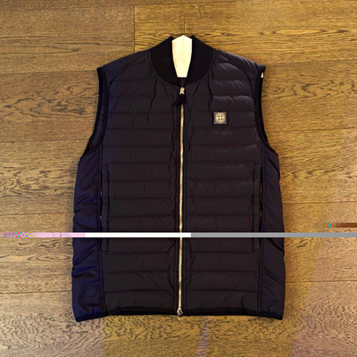 Stone Island Men's Down Puffer Vest L Navy Blue Full Zip Stand-Up Collar Logo