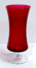 Jarrón vintage rojo rubí cilindro 9,5" centro cónico con pie de pedestal transparente