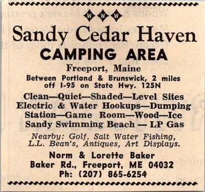 Sandy Cedar Haven Camping Area Norm & Lorette Baker Freeport ME 1974 Ad 4AK6-S45