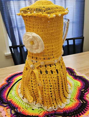 Handmade Yellow & White Yarn Tea Cozy Floral Beaded Victorian Style Cover