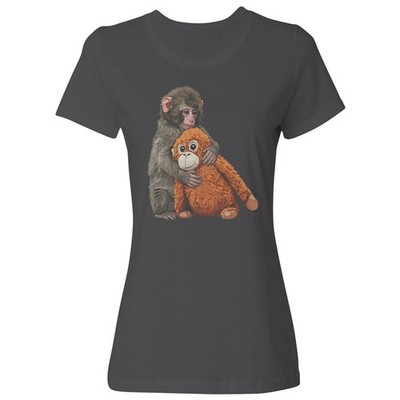 Punch Monkey Hugging Plush Friend Viral Meme Ladies' Crewneck T-Shirt