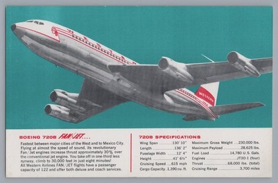 Western Airlines Boeing 720B Airline Issue Postkarte Large Oversize Streckenplan