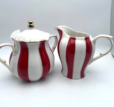 Grace TeaWare Christmas Sugar Bowl and Creamer Set Red and White Stripe S/2 B96