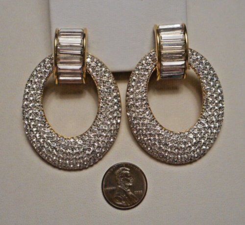 Swarowski Large Diamante Rhinestone Baguette Pave Door Knocker Clip Earrings SAL - Picture 1 of 11