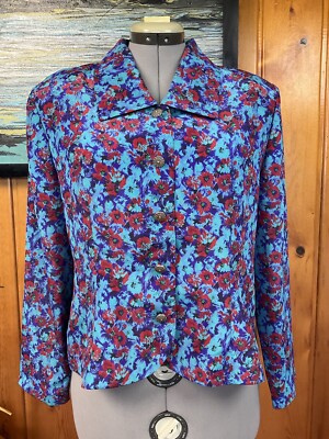 14 Red Blue Flower Long Sleeve Button Top Blouse Green Dark Bright Shirt Retro