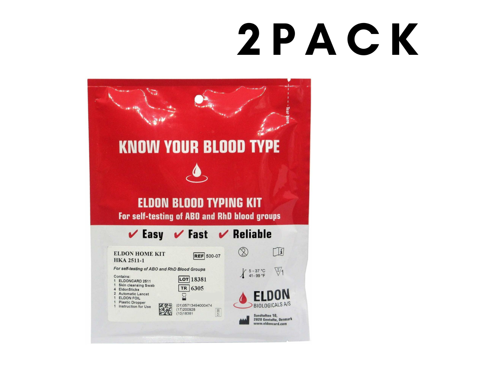 2X Eldoncard A,B,O,AB & RHESUS D Blood Type Test Kit for self testing