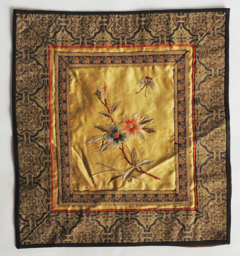 Antique Chinese Hand Embroidered Silk Panel Gold Background Butterfly & Flowers - Picture 1 of 5