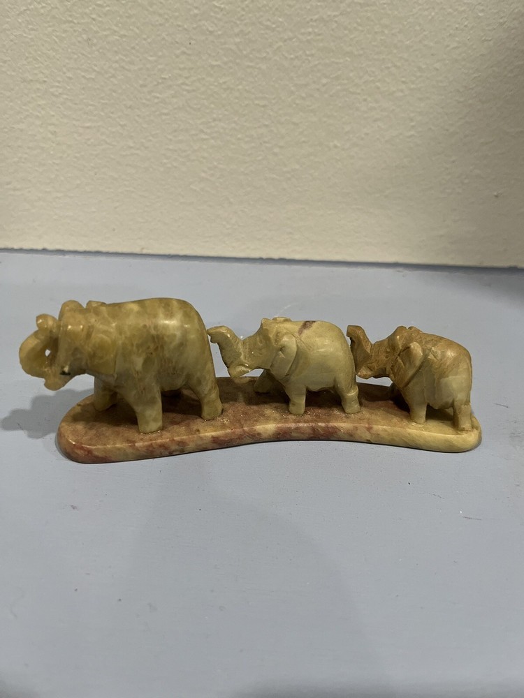 Chelsea Carved Marble Elephant Family Statue - Pre-Owned