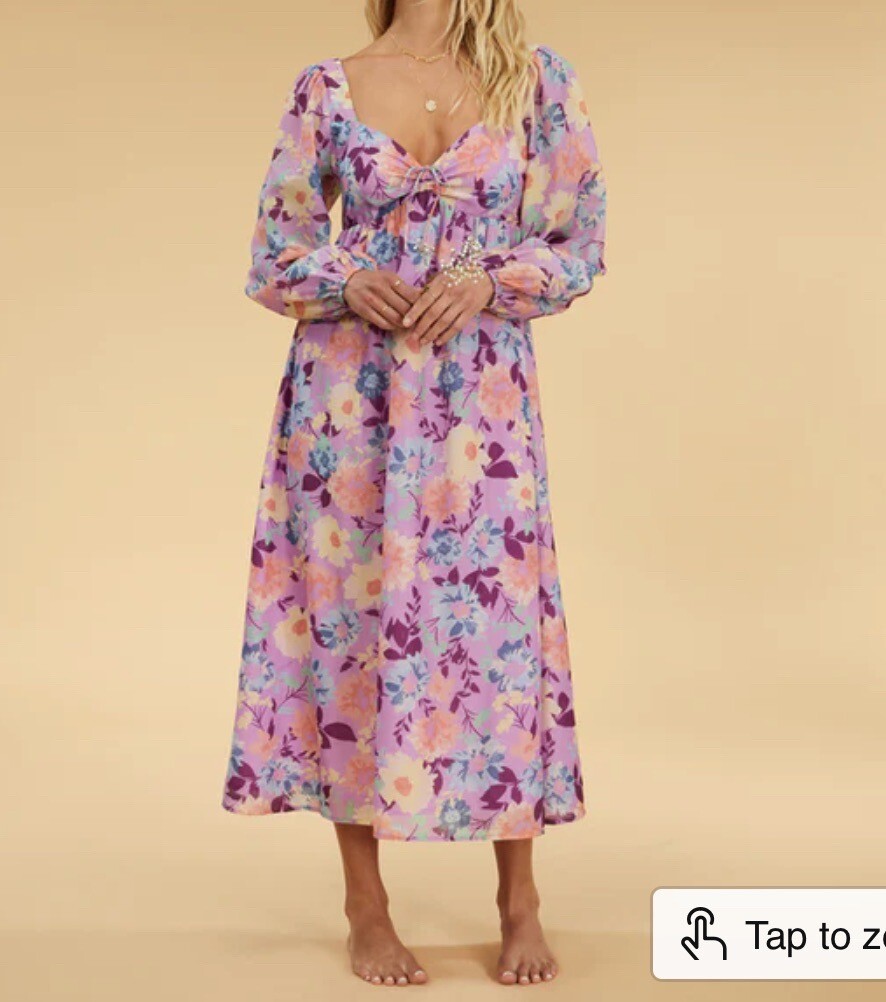 billabong purple dress NWT Billabong The Salty Blonde Paradise Love Peasant Midi Dress Floral L