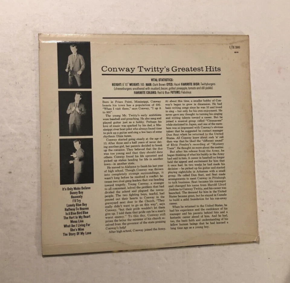 Conway Twitty Greatest Hits SE3849 Stereo MGM Records C&W Vintage 1960 LP Vinyl - Image 2 of 4