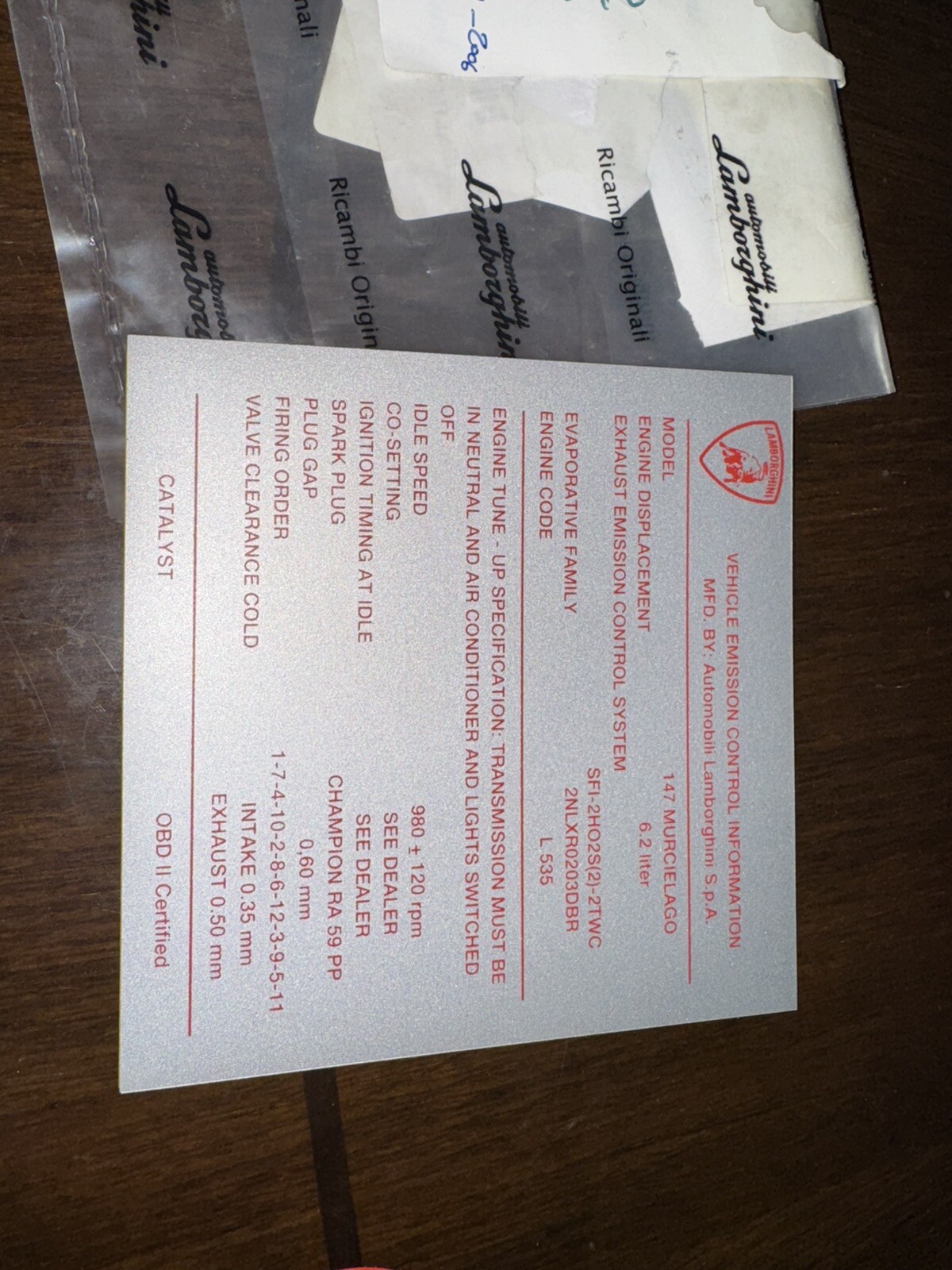 Lamborghini Murcielago OEM Engine Bay & Brake Label Stickers 