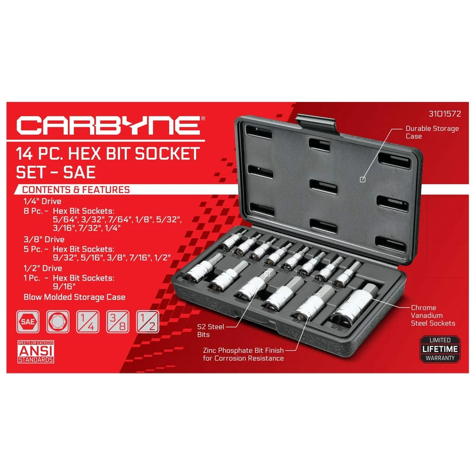 Juego de enchufes de broca hexagonal CARBYNE 14 piezas - SAE, acero S2 | unidad de 1/4", 3/8" y 1/2" Foto 3 de 4