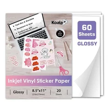 Koala Printable Vinyl Sticker Paper Waterproof Glossy Inkjet Printer 60 Sheets