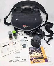 Nikon N50 35mm SLR Film Camera, Sigma Lens, Lowepro Nova 3, Nikon DK-5 + Film