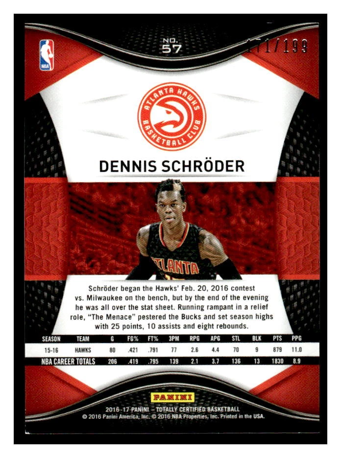 2016-17 Panini Totally Certified #57 Dennis Schroder Red #/199 - Image 2 of 2