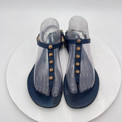 Balenciaga Women Size EU 40 US 10 Blue Leather Screw Studded T Strap Sandal