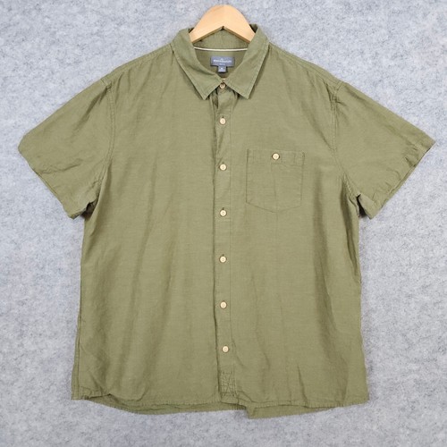 LL Bean Signature Men's Green Short Sleeve Shirt Size XL Button Up Linen Blend