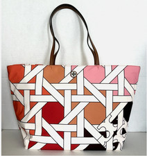 NWT Tory Burch Nylon Printed Tote Colorblock Pink-Red Basketweave