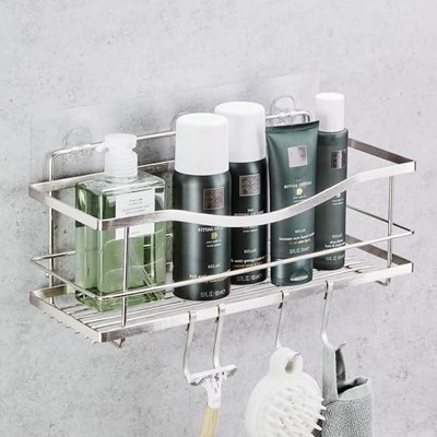 KINCMAX Premium Shower Caddy - Self Adhesive Shower Organizer w/ 4 Hooks, Drill-