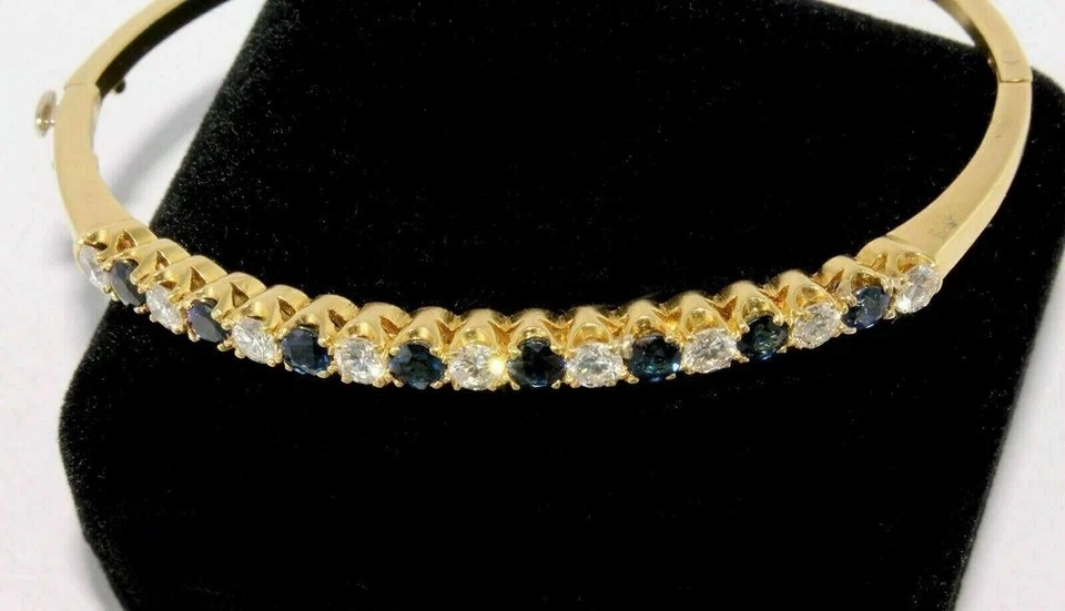 5 Karat Simulierte Blauer Saphir & Diamant Armreif Armband IN 14K Gelb Vergoldet - Bild 3 von 4